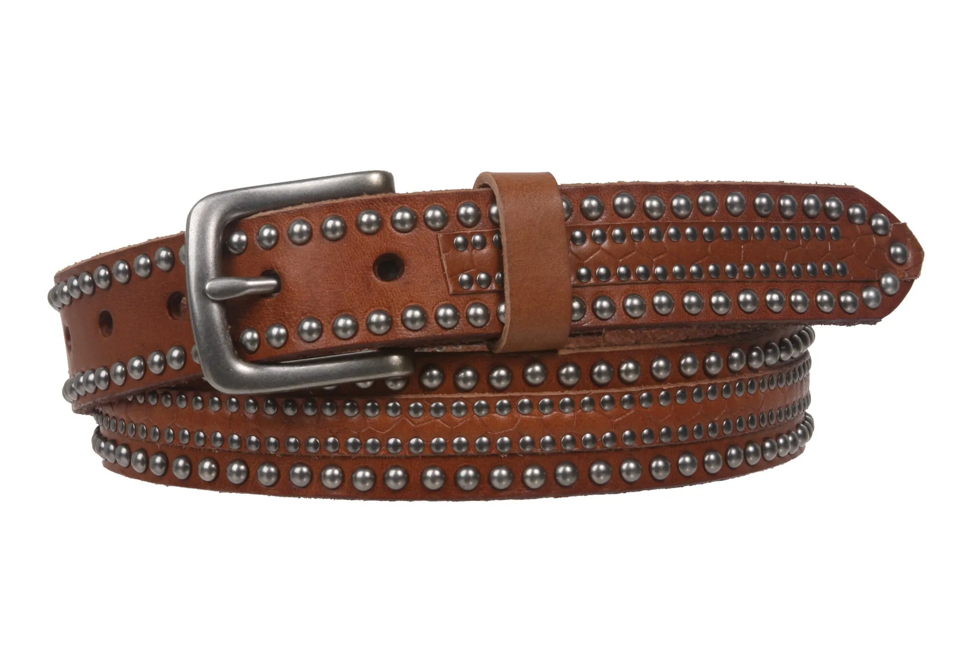 1 1/8" Snap on Riveted Nailhead Studded Solid Cowhide Leather Jean Belt