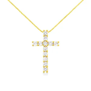 10K Yellow Gold 1.0 Cttw Shared Prong Set Round Brilliant Cut Diamond Cross 18" Pendant Necklace