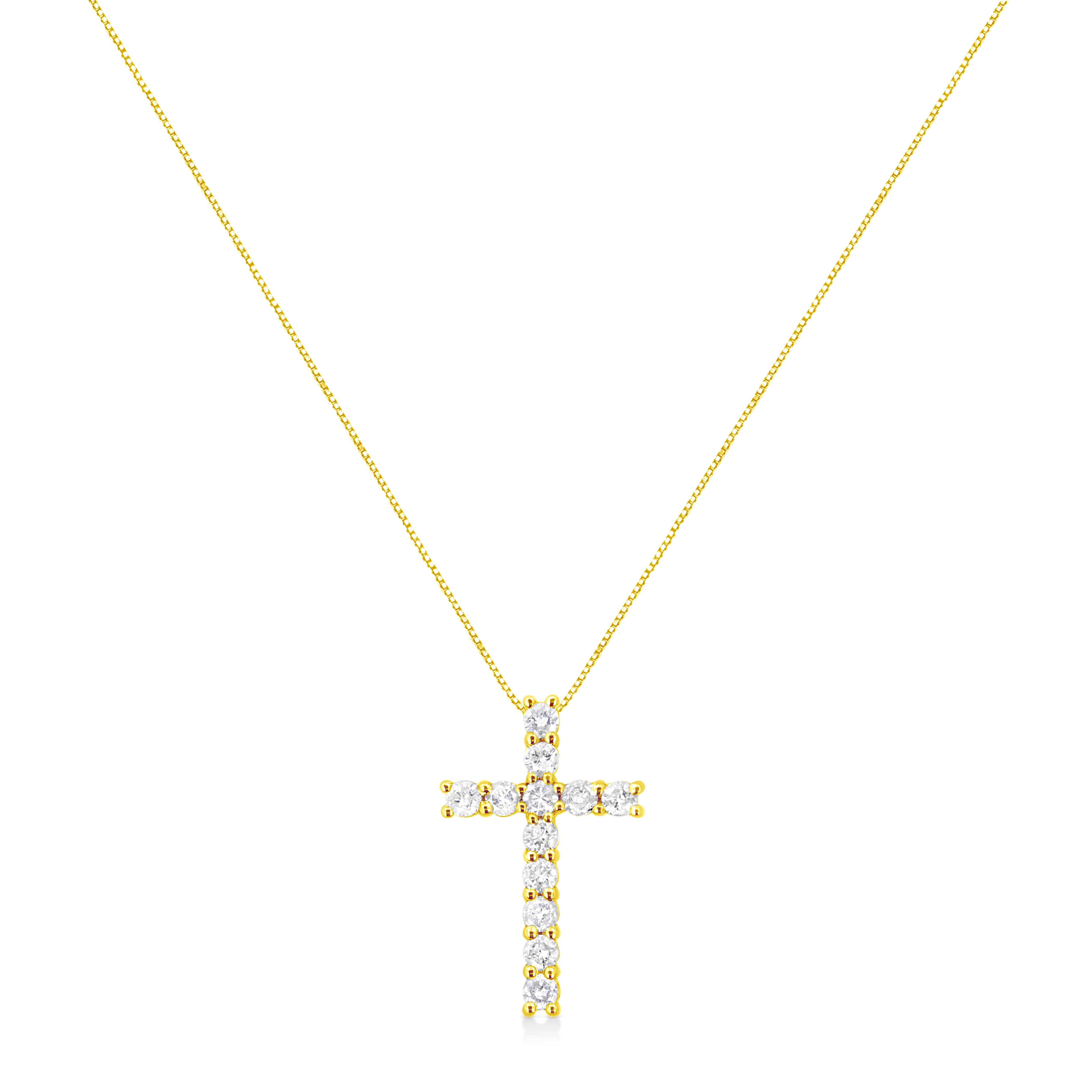 10K Yellow Gold 1.0 Cttw Shared Prong Set Round Brilliant Cut Diamond Cross 18" Pendant Necklace