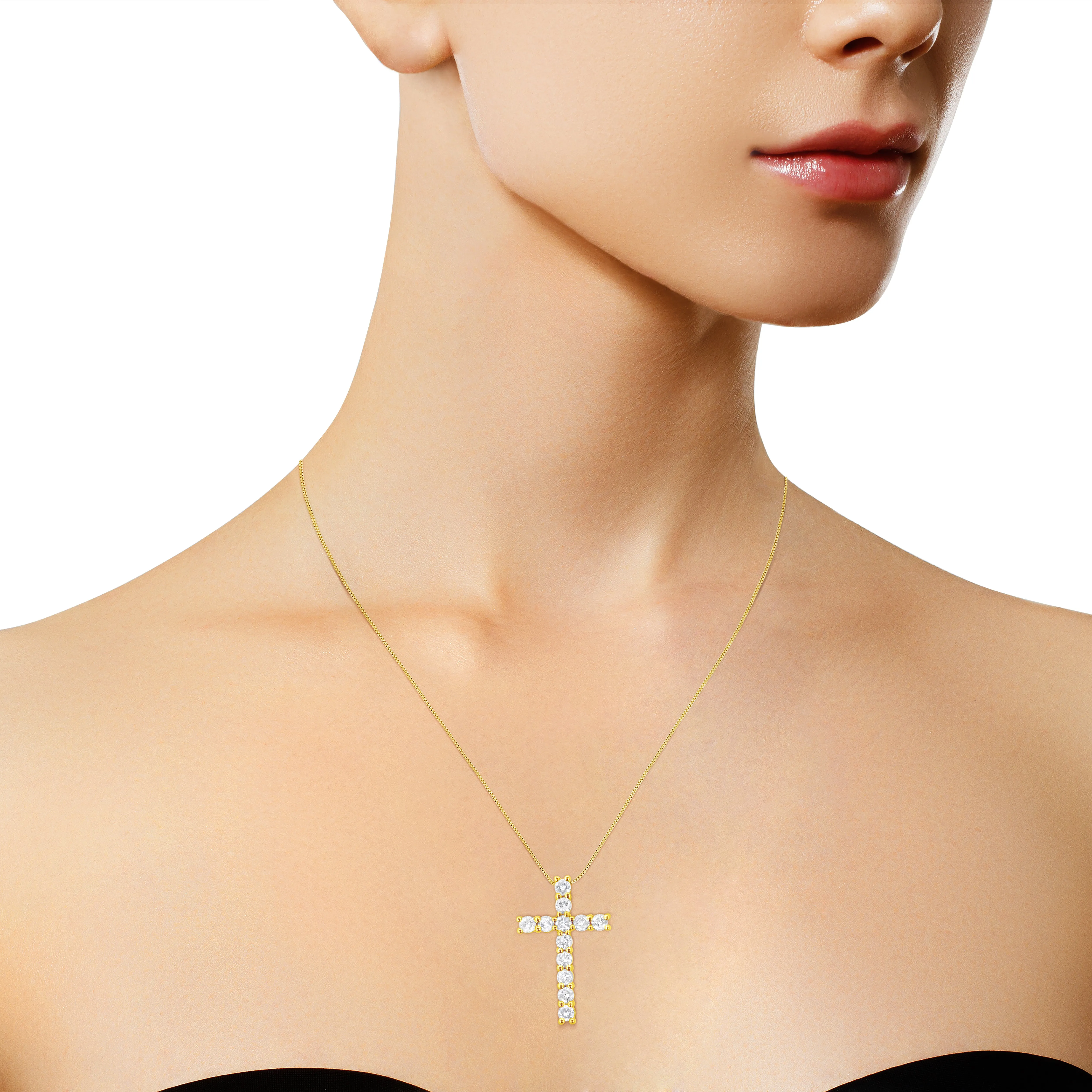 10K Yellow Gold 1.0 Cttw Shared Prong Set Round Brilliant Cut Diamond Cross 18" Pendant Necklace