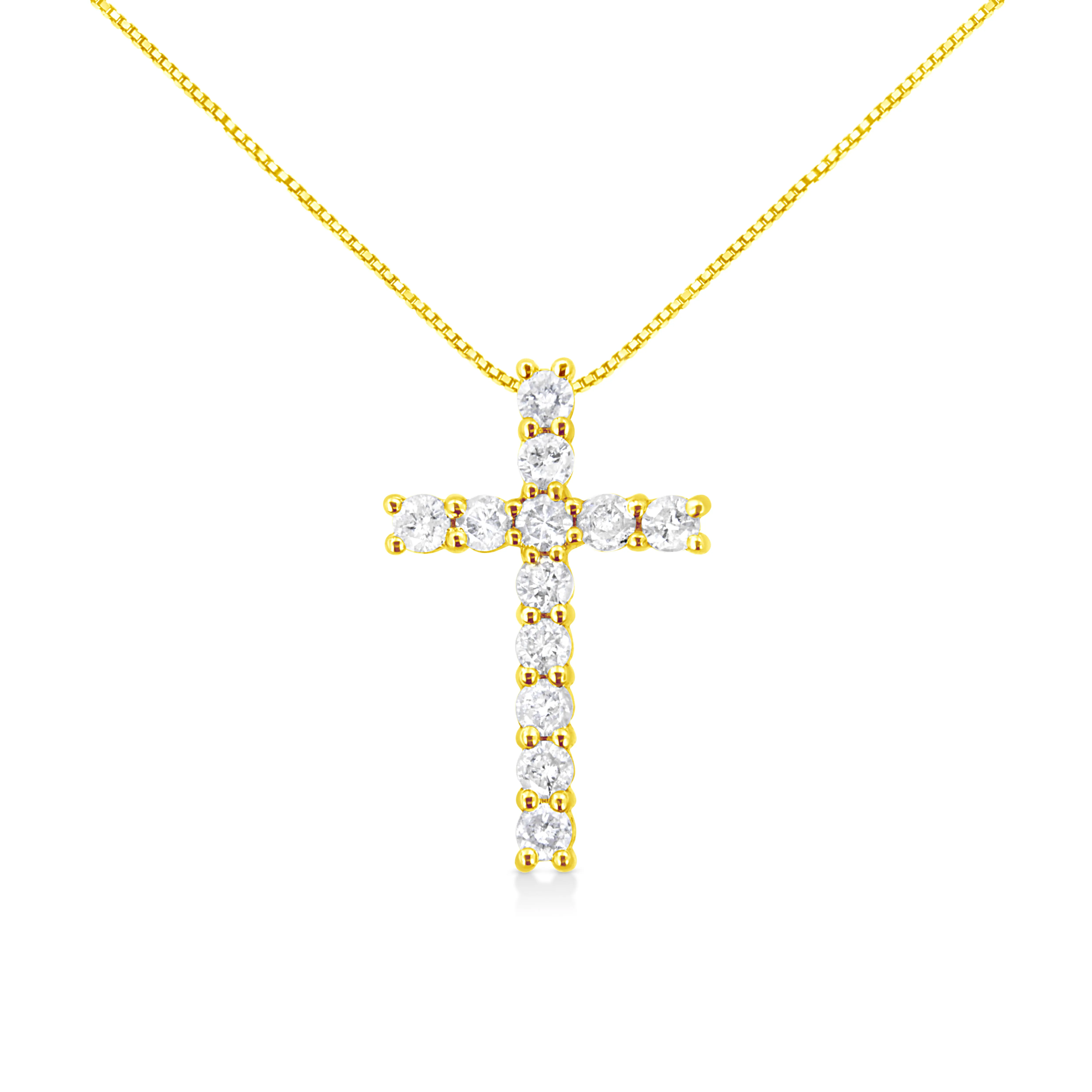 10K Yellow Gold 1.0 Cttw Shared Prong Set Round Brilliant Cut Diamond Cross 18" Pendant Necklace