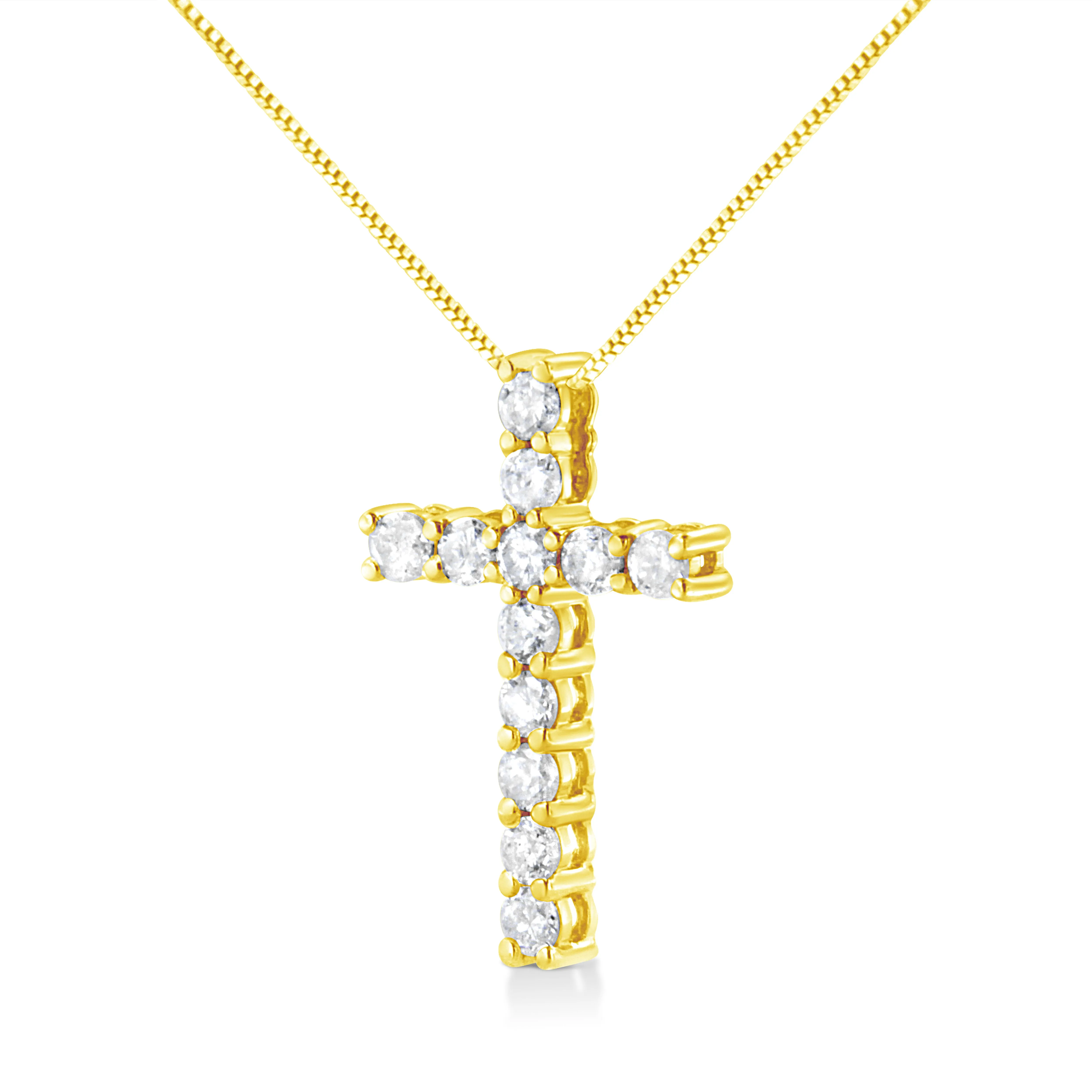 10K Yellow Gold 1.0 Cttw Shared Prong Set Round Brilliant Cut Diamond Cross 18" Pendant Necklace