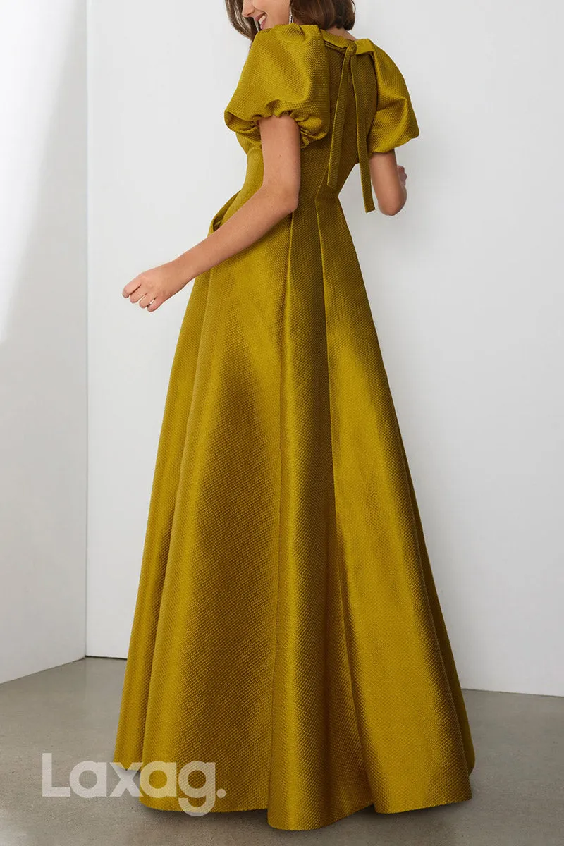 22874 - A-Line Round Puff Sleeves Sleek Satin Cocktail Party Formal Evening Dress