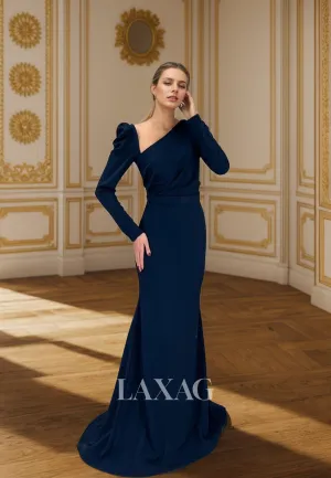 23165 - Long Sleeves Sleek Satin ElegantParty Prom Formal Evening Dress with Train