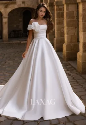 A-Line Off Shoulder Sleek Satin Elegant Wedding Dress with Train