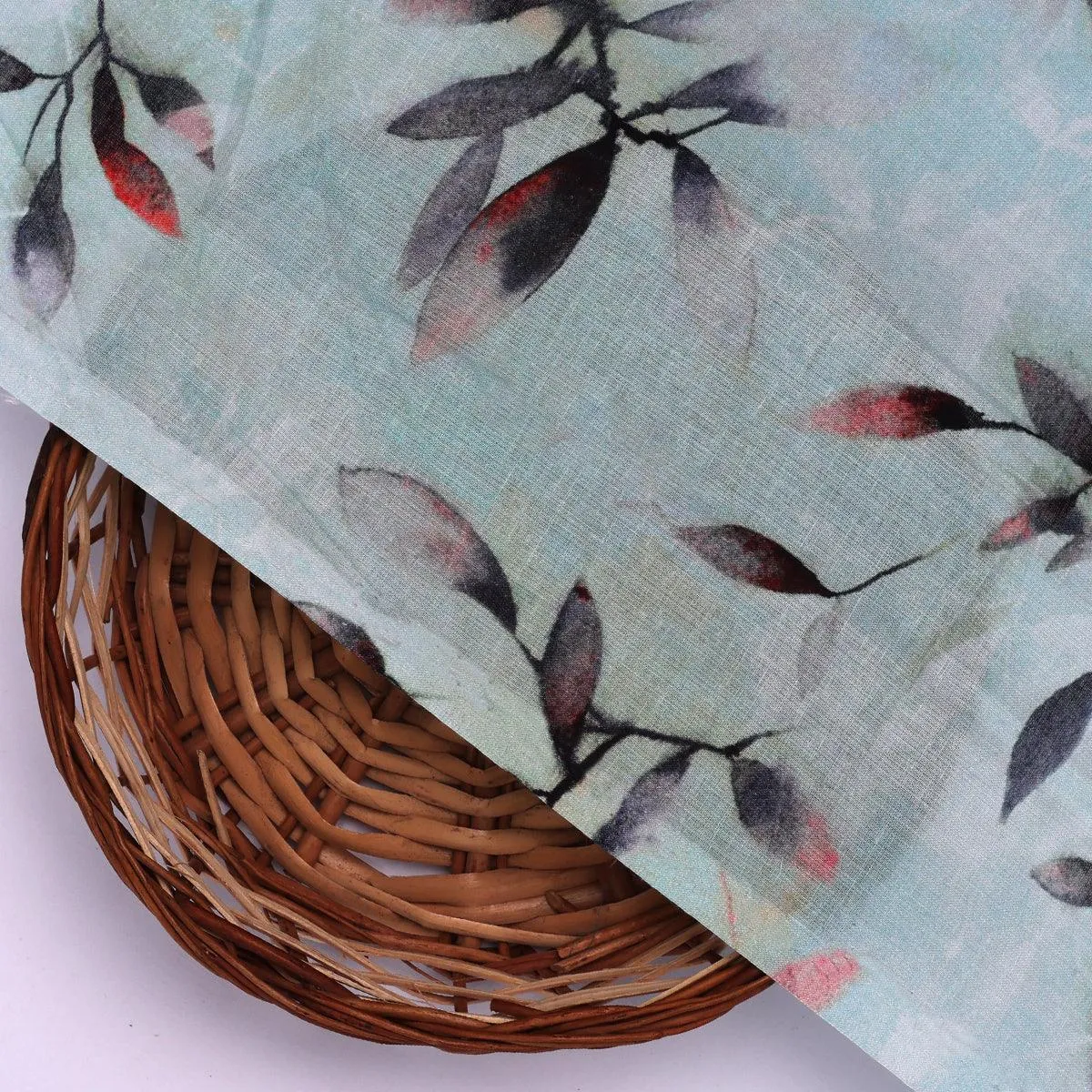 Attractive Sky Blue Leaves Digital Printed Fabric - Pure Cotton