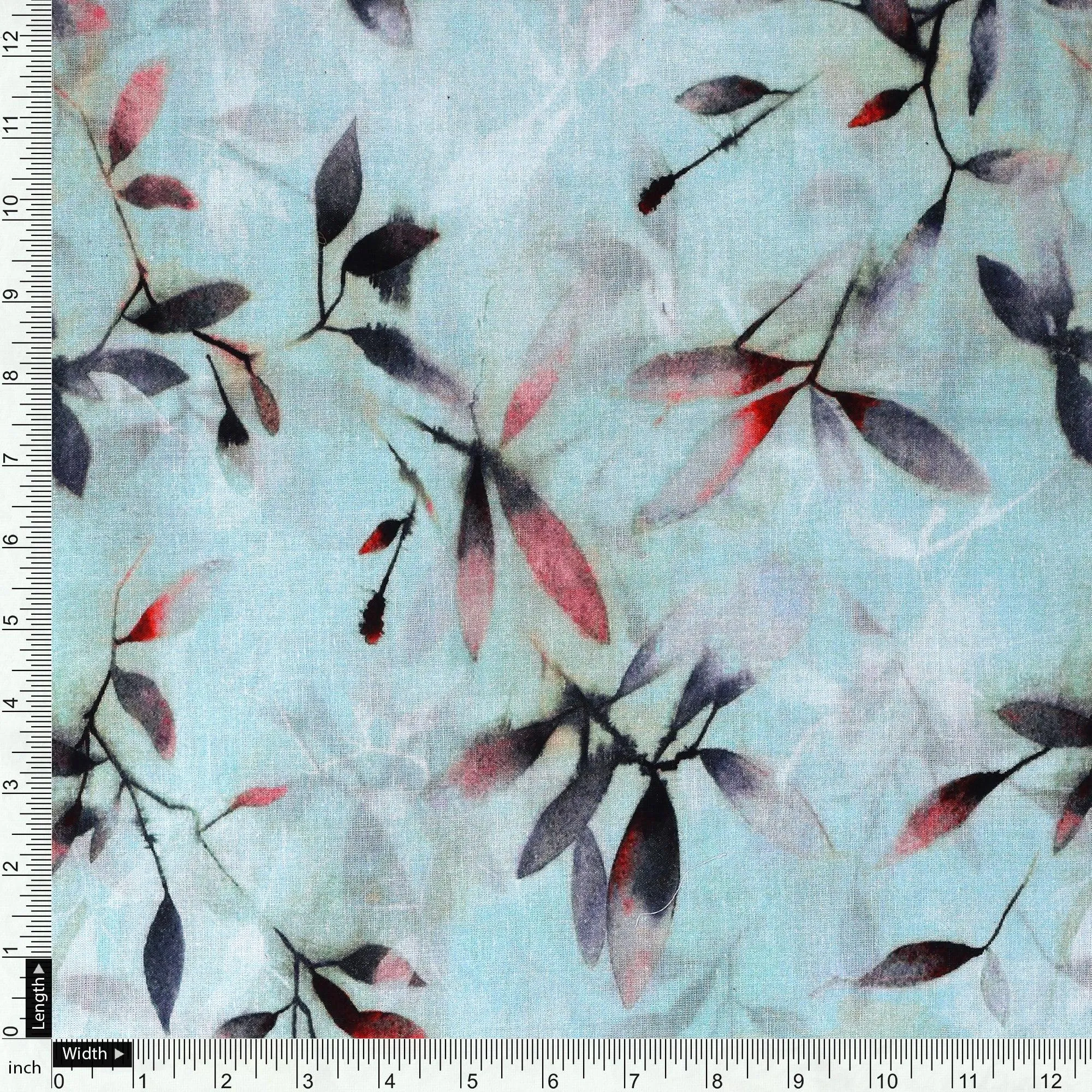 Attractive Sky Blue Leaves Digital Printed Fabric - Pure Cotton