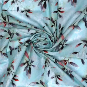 Attractive Sky Blue Leaves Digital Printed Fabric - Pure Cotton