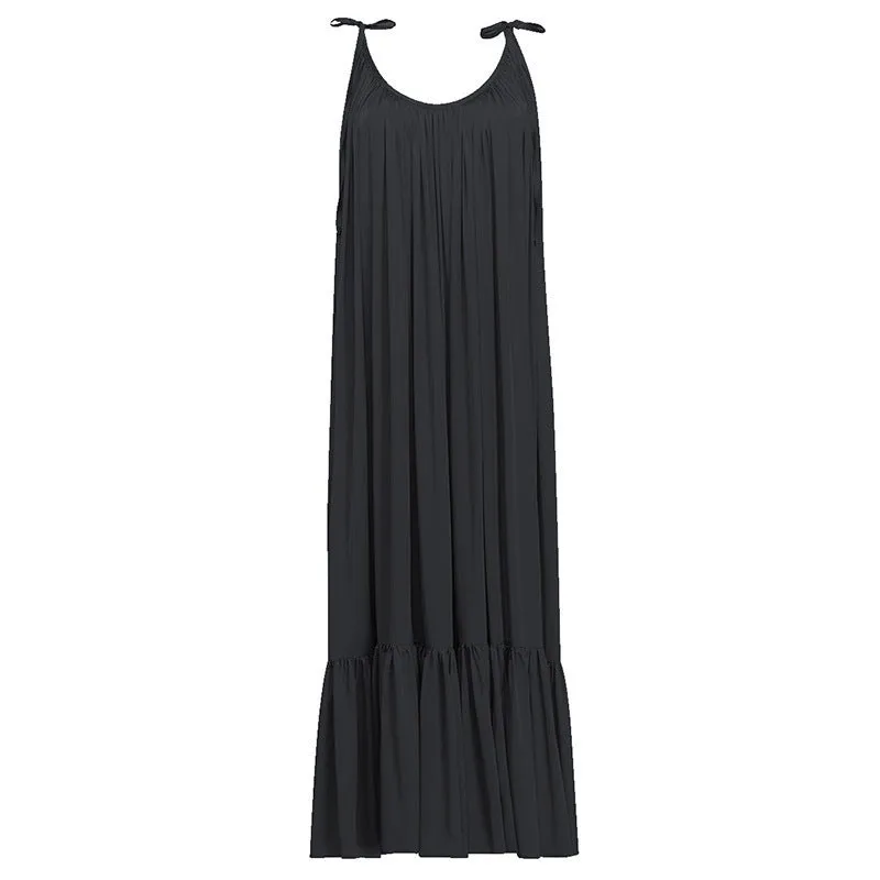 Backless Scoop Long Pleated Women Solid Color Long Beach Dress