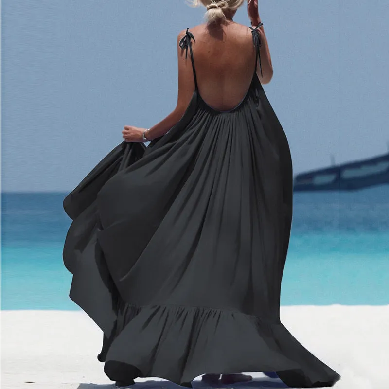 Backless Scoop Long Pleated Women Solid Color Long Beach Dress