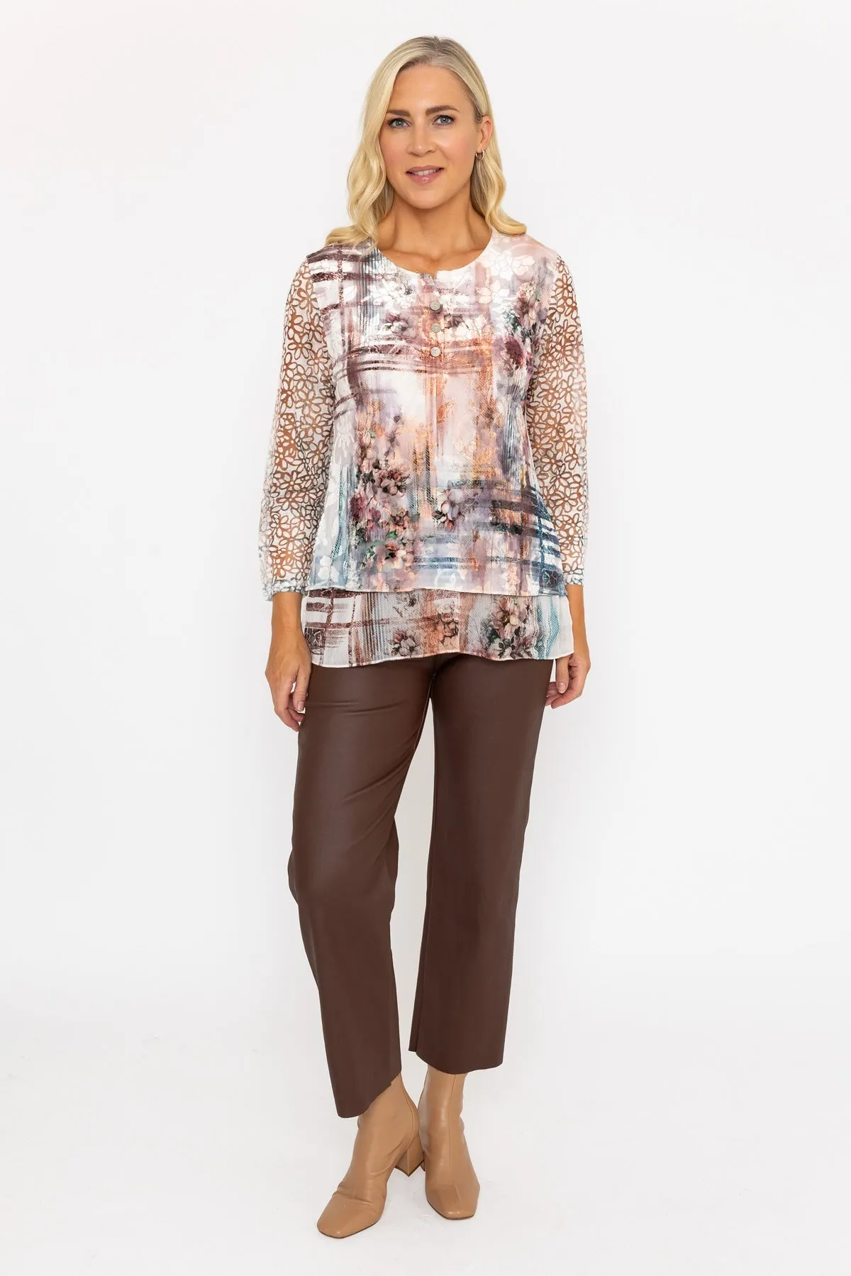 Beige Dovore Printed 3/4 Sleeve Top