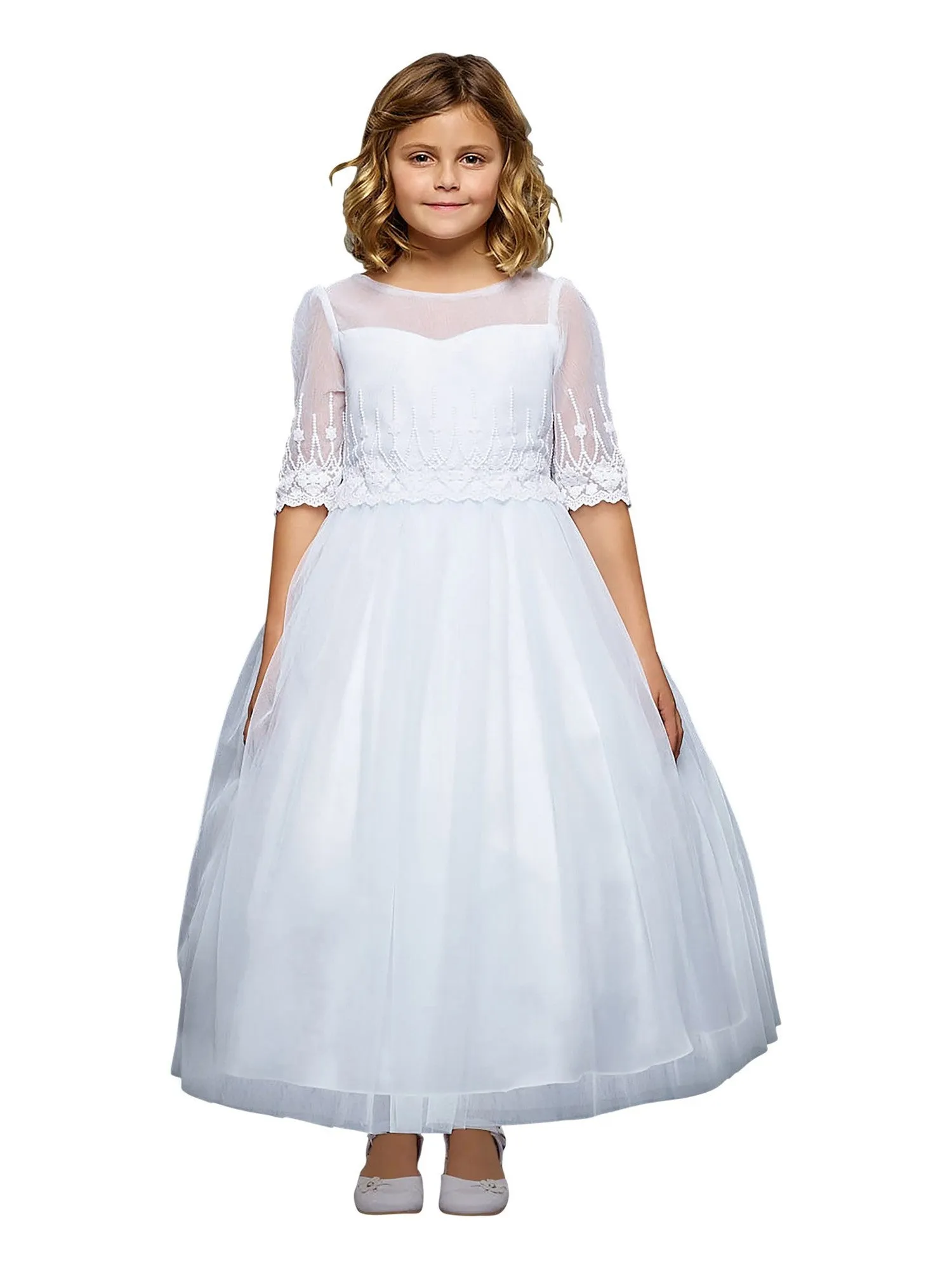 Big Girls White Floral Mesh Multi Layer Communion Dress 8-14