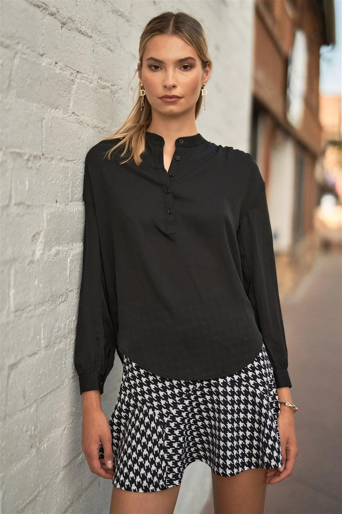 Black Long Bishop Sleeve Mock Neck Button-Down Front Relaxed Blouse Top /1-2-2-1