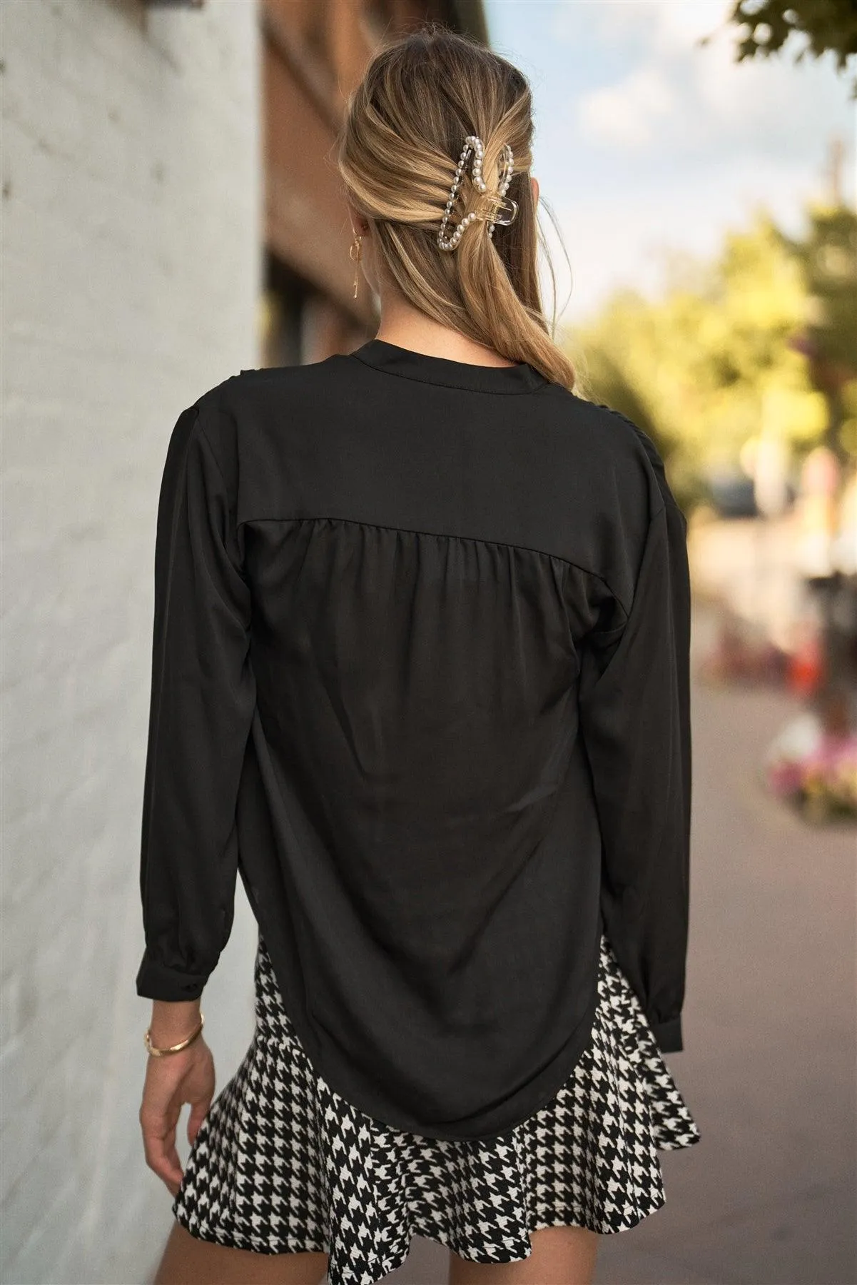 Black Long Bishop Sleeve Mock Neck Button-Down Front Relaxed Blouse Top /1-2-2-1