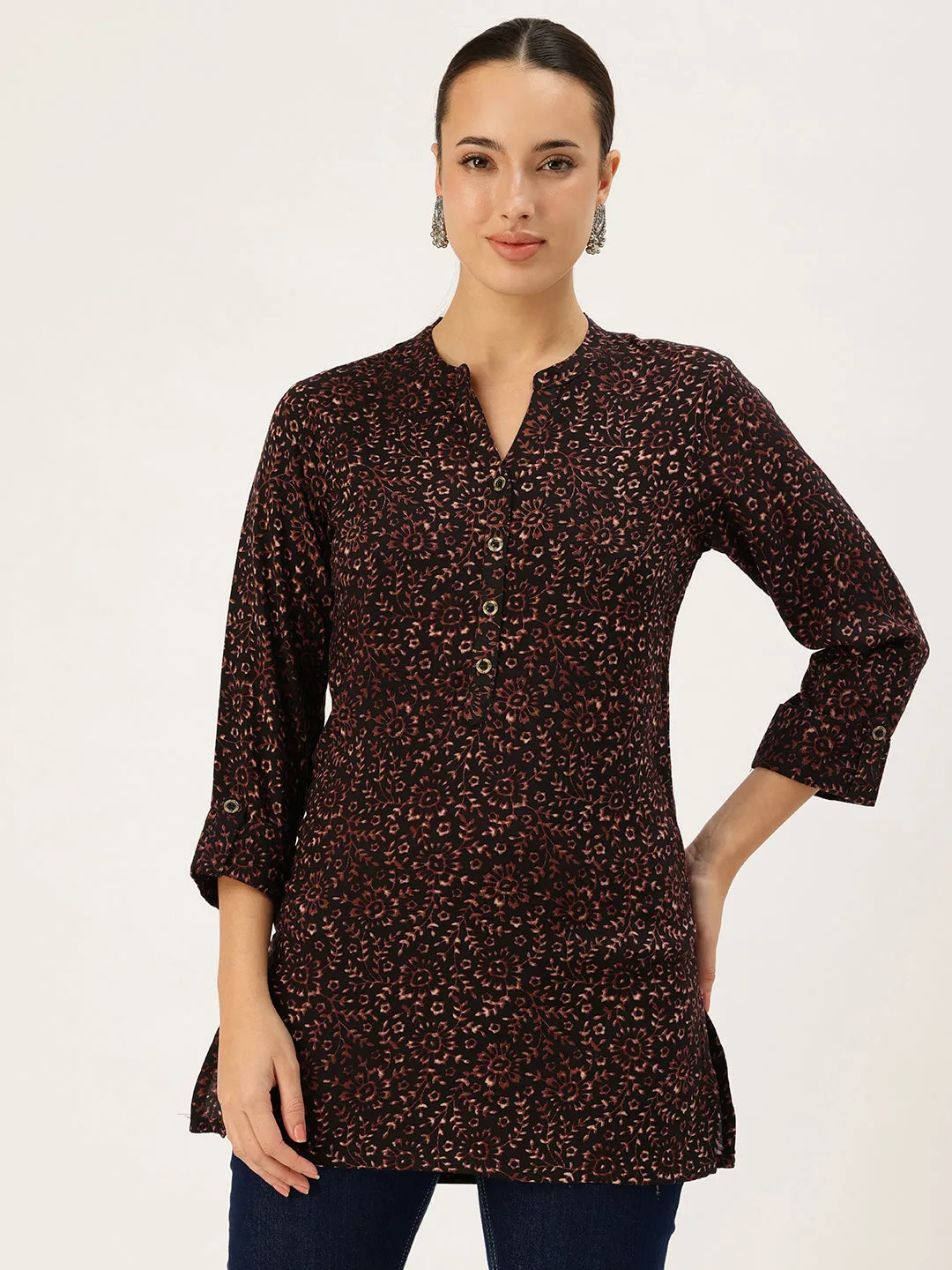 Black Viscose Rayon Floral Printed Tunic