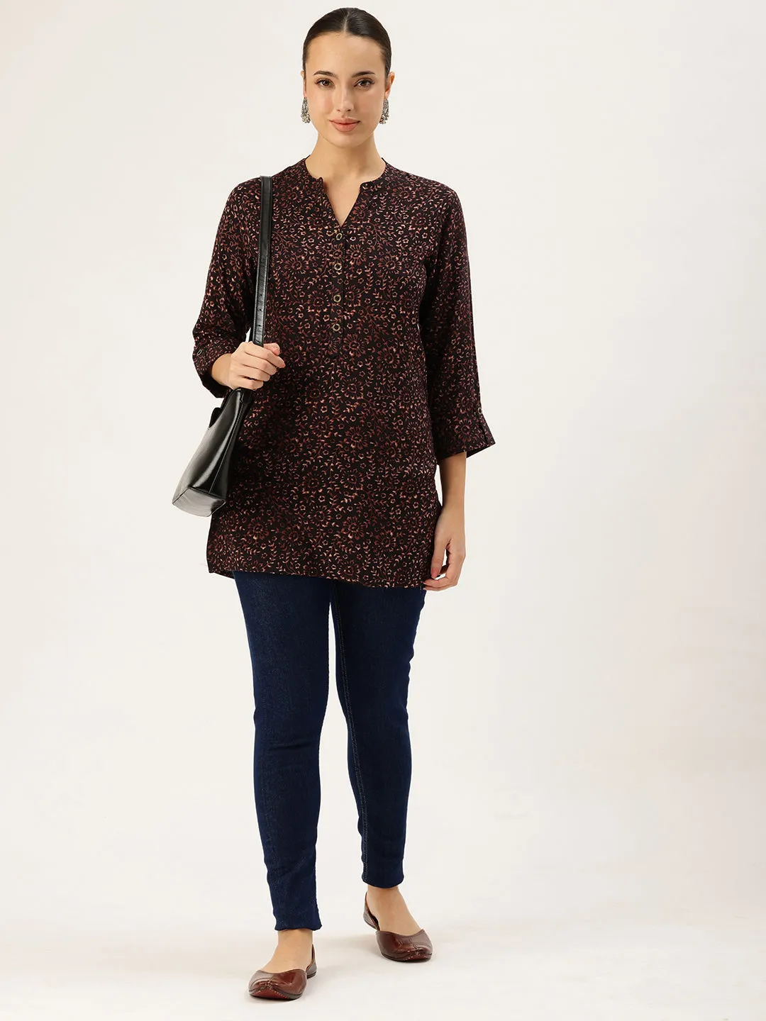 Black Viscose Rayon Floral Printed Tunic