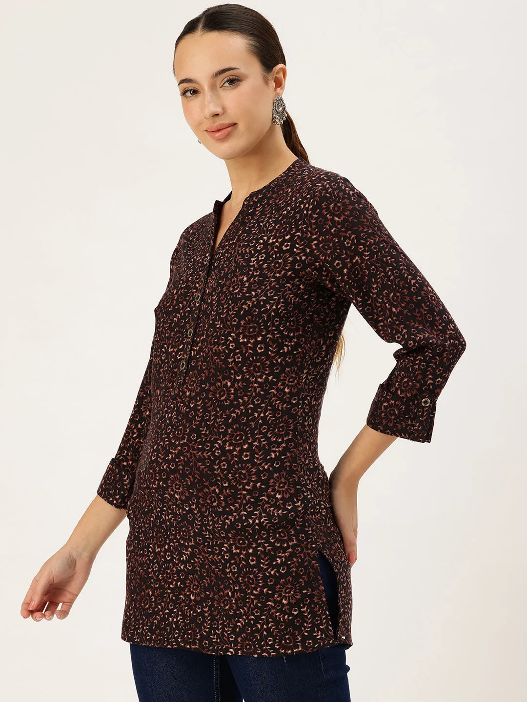 Black Viscose Rayon Floral Printed Tunic