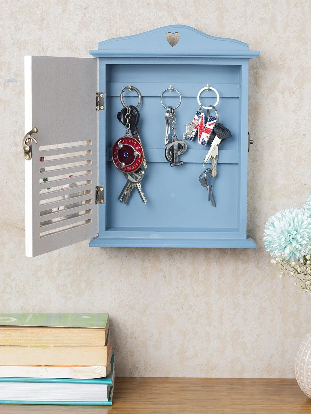 Blue & White Wood House Shaped Key Organiser Box