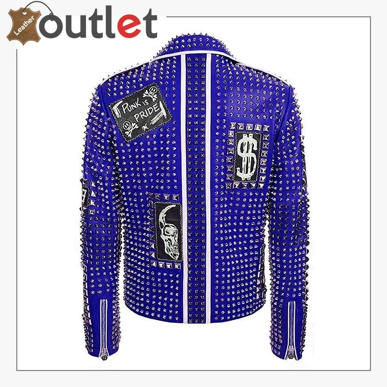 Blue Color Leather Studded Jacket For Mens