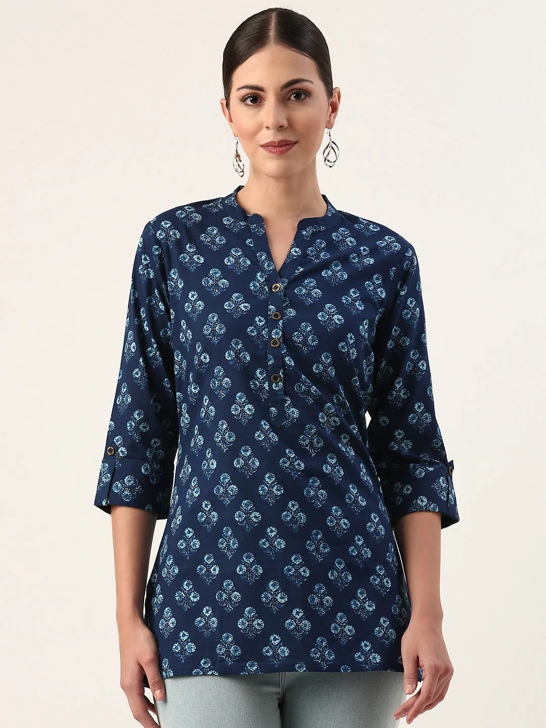 Blue Mandarin Collar Ethnic Motifs Cotton Tunic