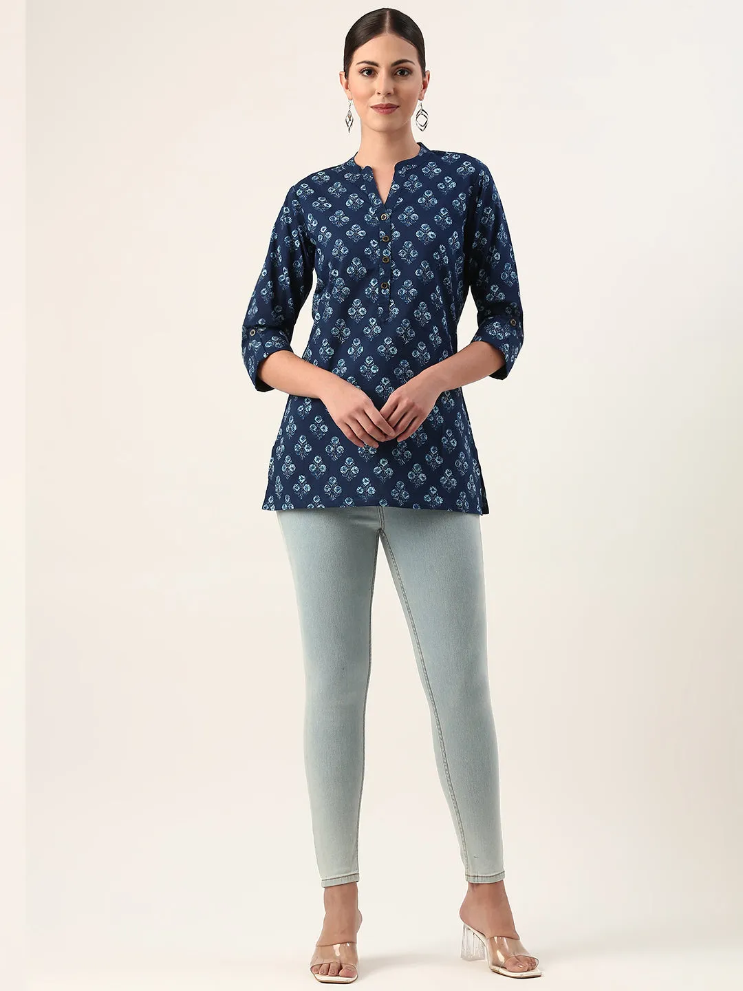 Blue Mandarin Collar Ethnic Motifs Cotton Tunic