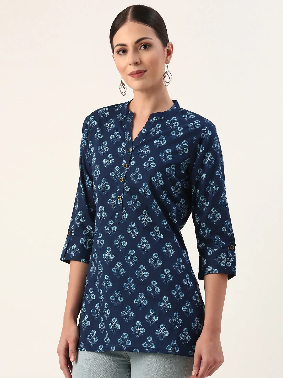 Blue Mandarin Collar Ethnic Motifs Cotton Tunic