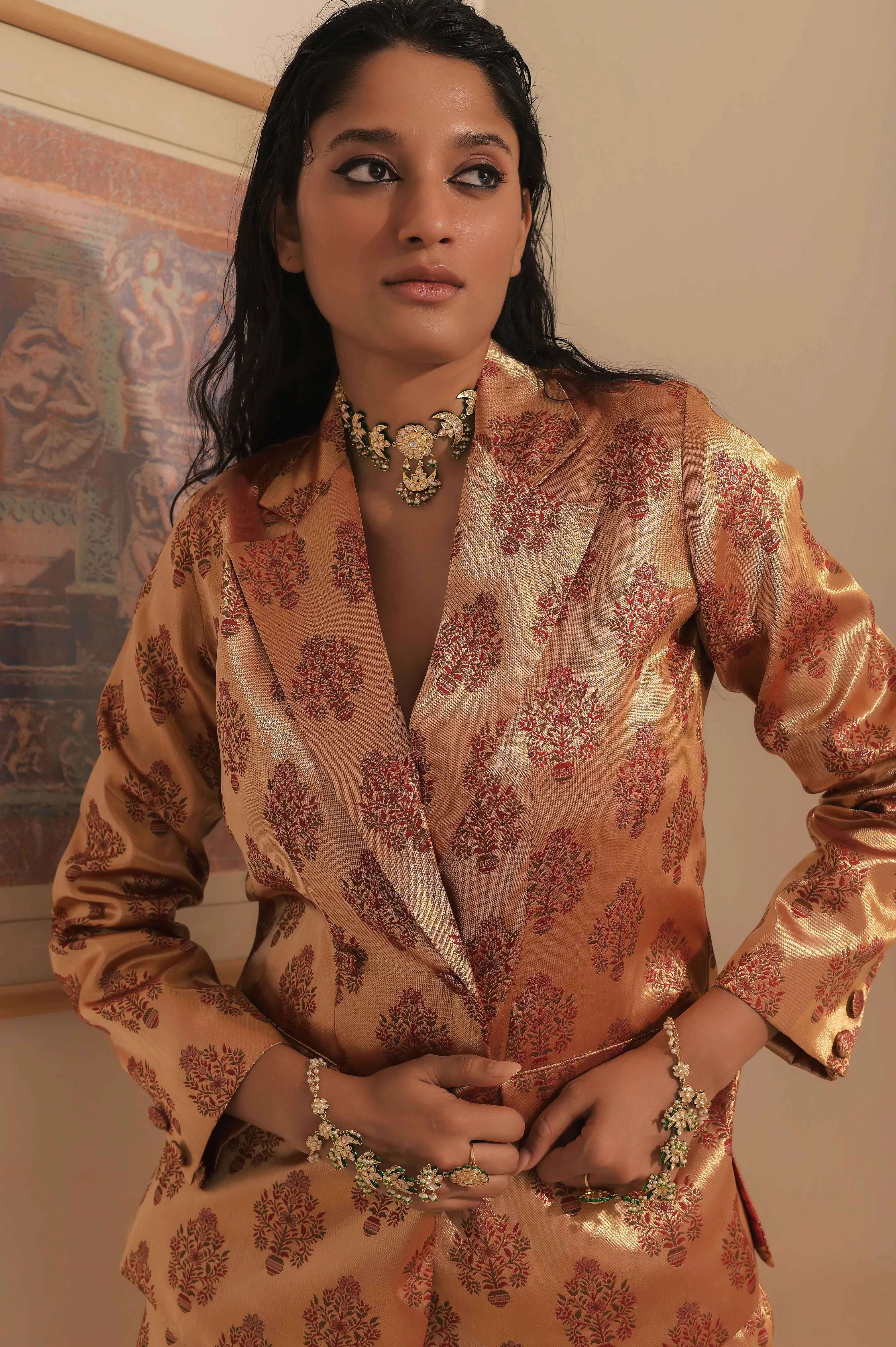 Blushing Gold A-line Banarsi blazer with pant