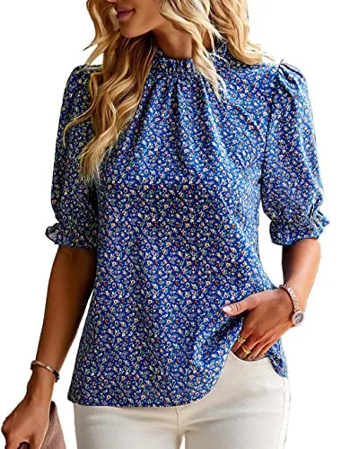 BTFBM Women's Summer Boho Shirt Top Ruffle Short Sleeve Frill Trim Mock Neck Floral Print 2023 Casual Blouses Shirts Tops(Floral Blue, Medium)