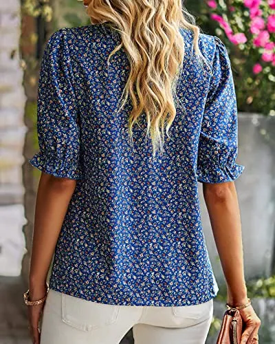 BTFBM Women's Summer Boho Shirt Top Ruffle Short Sleeve Frill Trim Mock Neck Floral Print 2023 Casual Blouses Shirts Tops(Floral Blue, Medium)