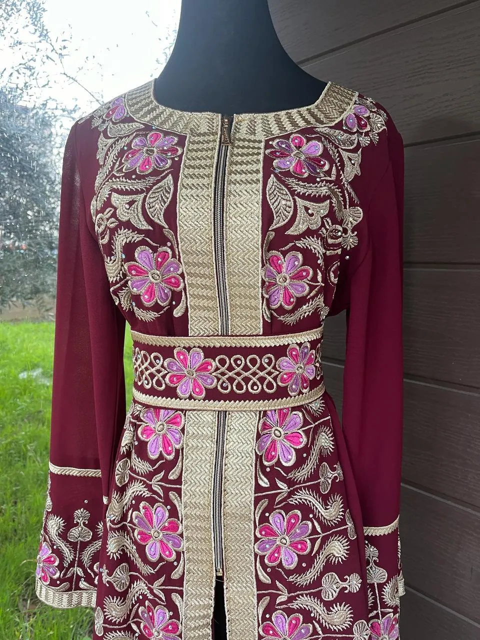 Burgundy and Beige Chiffon Abaya with Half Zipper Details