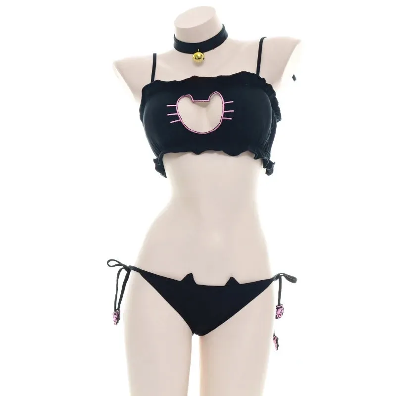 Cat Anime Open Chest Embroidered Lingerie Set