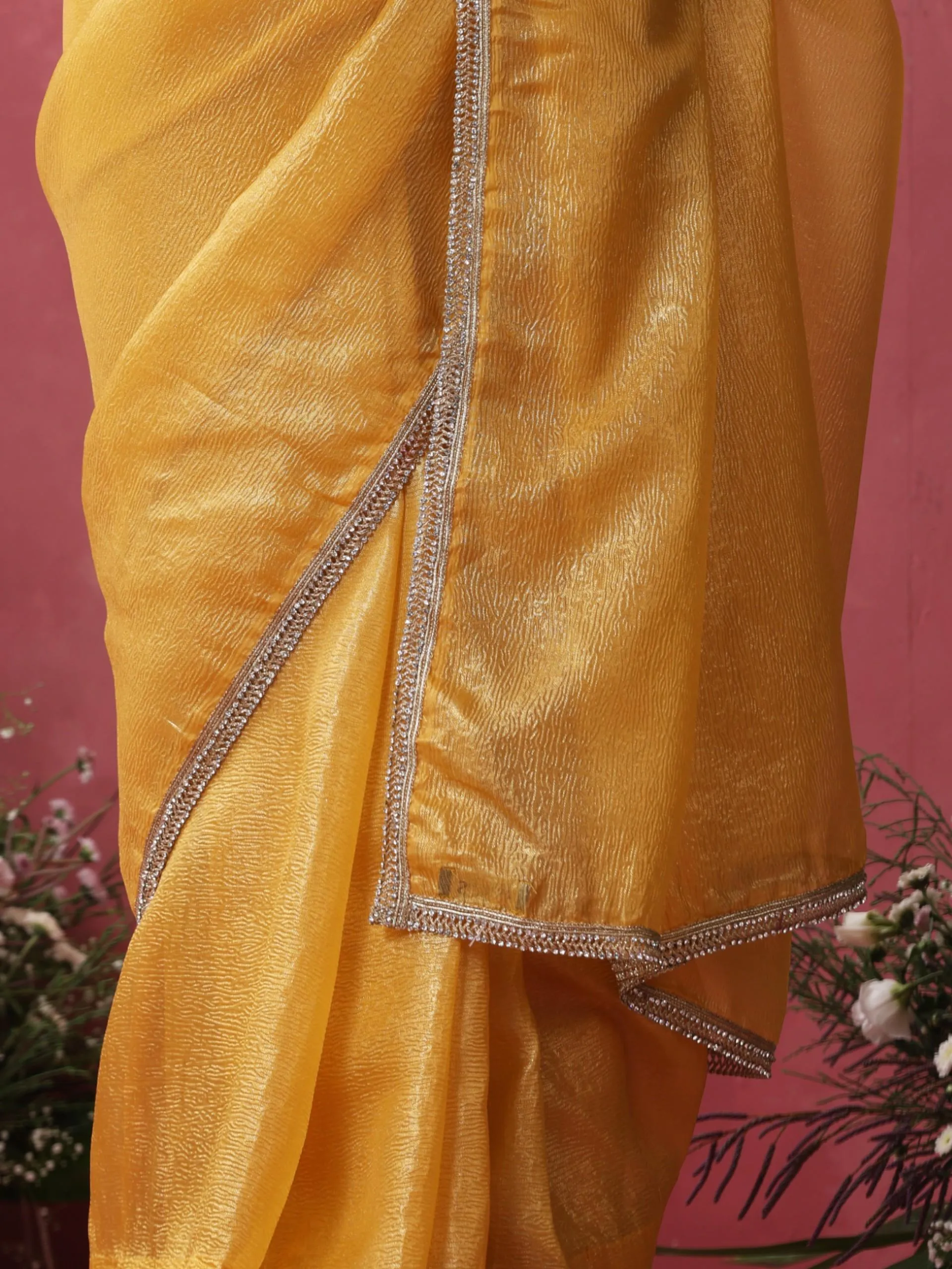 Citrine Crushed Gold Yellow with Diamond Lace Saree and Blouse Fabric