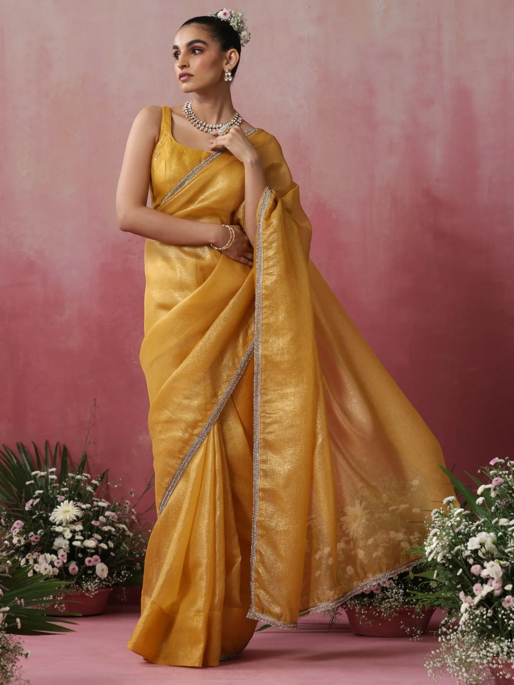 Citrine Crushed Gold Yellow with Diamond Lace Saree and Blouse Fabric