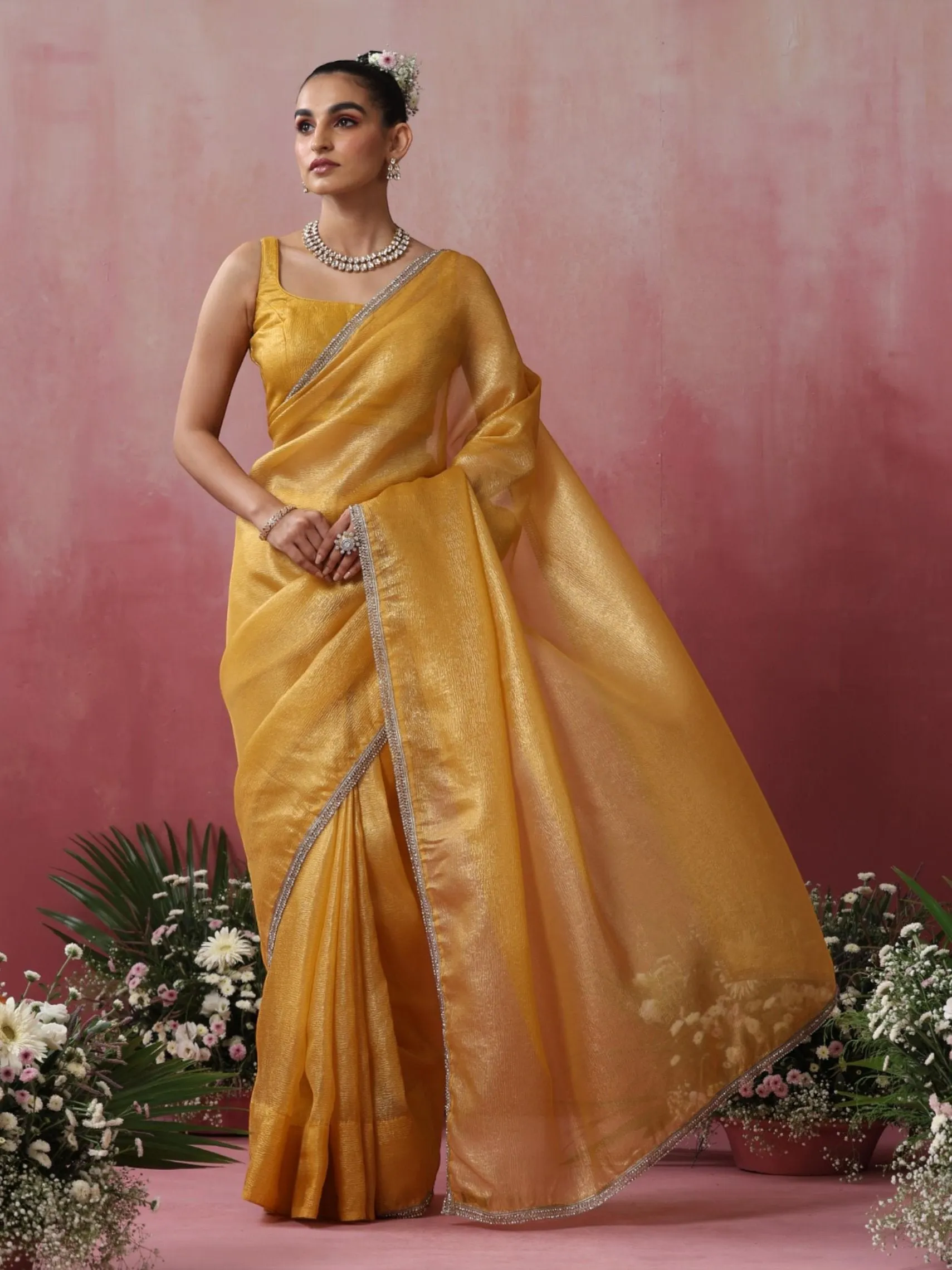 Citrine Crushed Gold Yellow with Diamond Lace Saree and Blouse Fabric