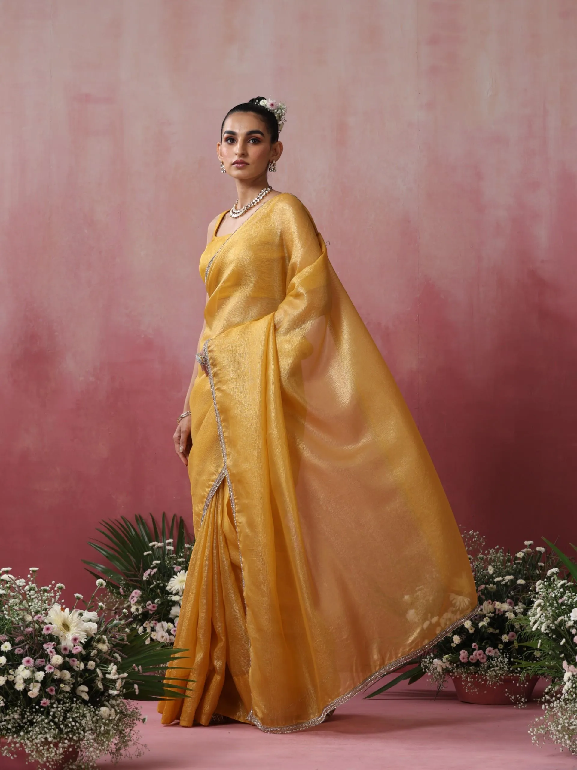 Citrine Crushed Gold Yellow with Diamond Lace Saree and Blouse Fabric