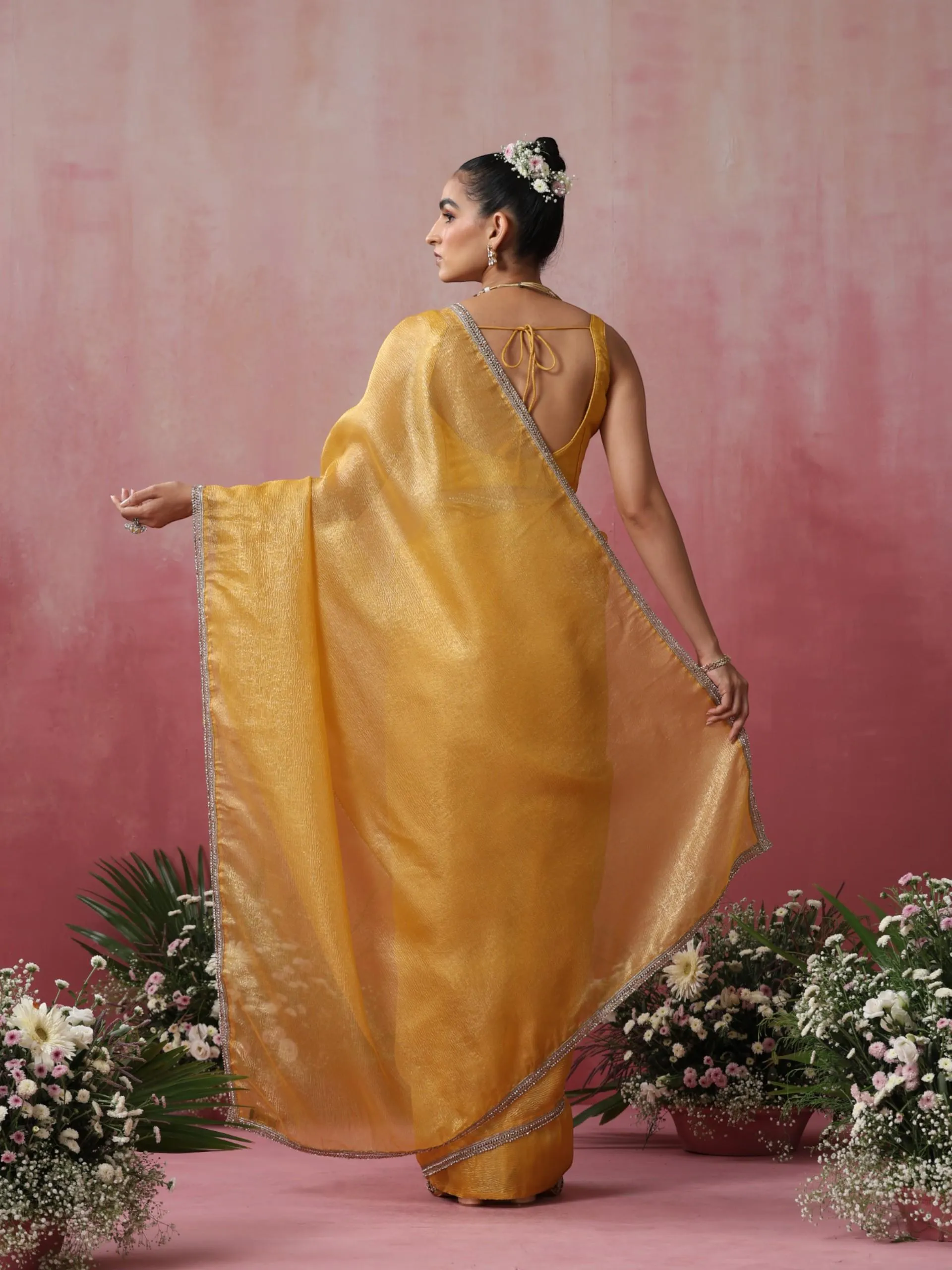 Citrine Crushed Gold Yellow with Diamond Lace Saree and Blouse Fabric