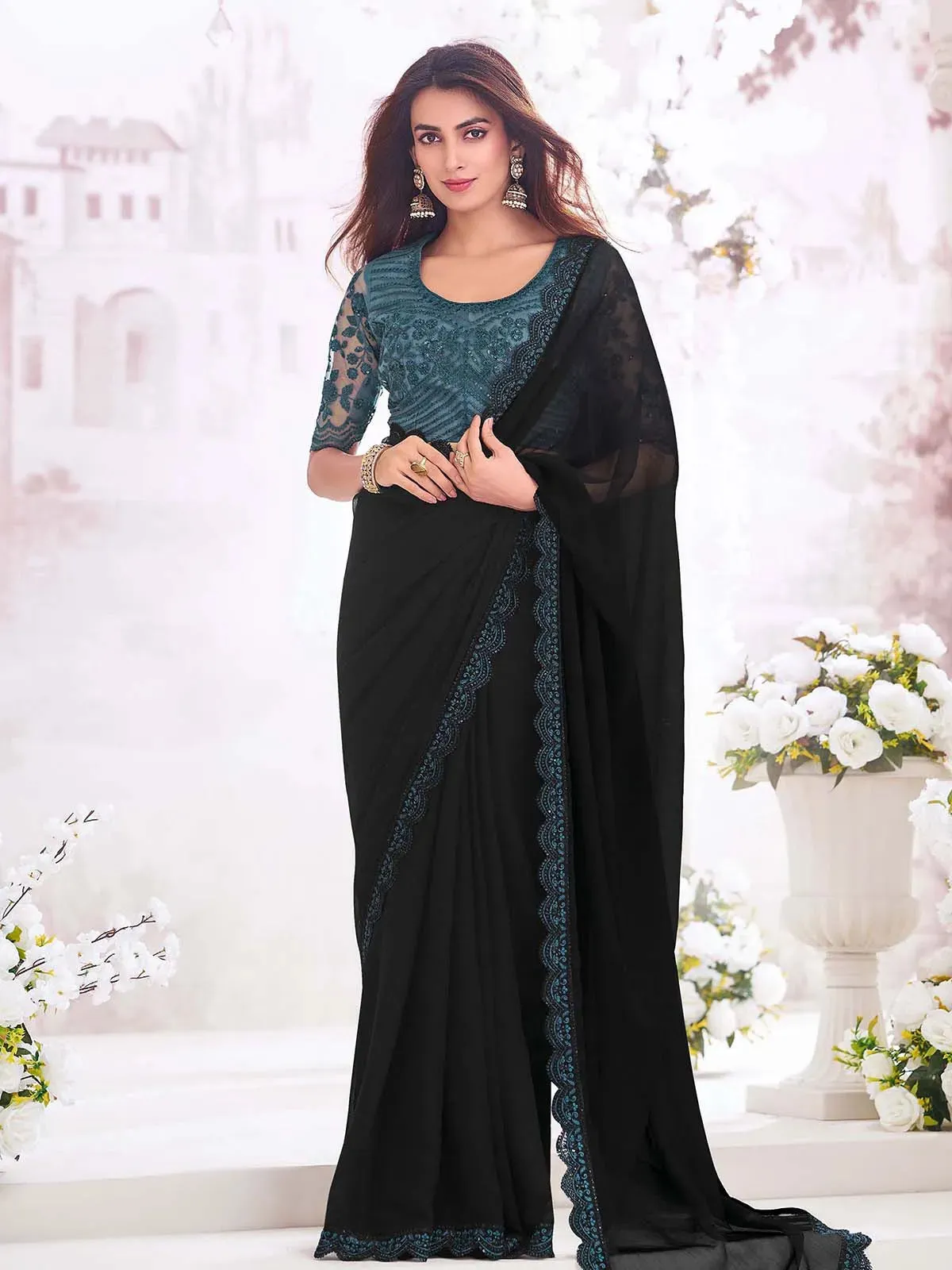 Classic Black Pure Chiffon Party Wear Saree