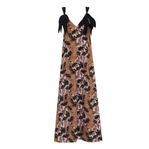 Designer V-Neck Tie Shoulder Midi Dress Floral Crepe