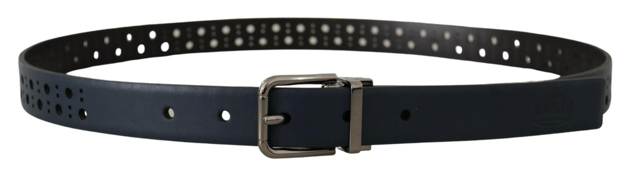 Dolce & Gabbana Navy Blue Perforated Leather Skinny Metal Buckle Belt