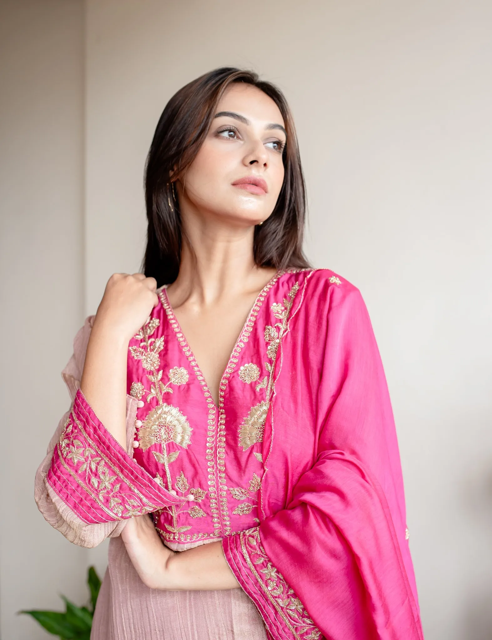 Dull Pink Crush Tissue With Zardosi Embroidery Sharara Set