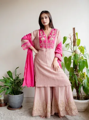 Dull Pink Crush Tissue With Zardosi Embroidery Sharara Set