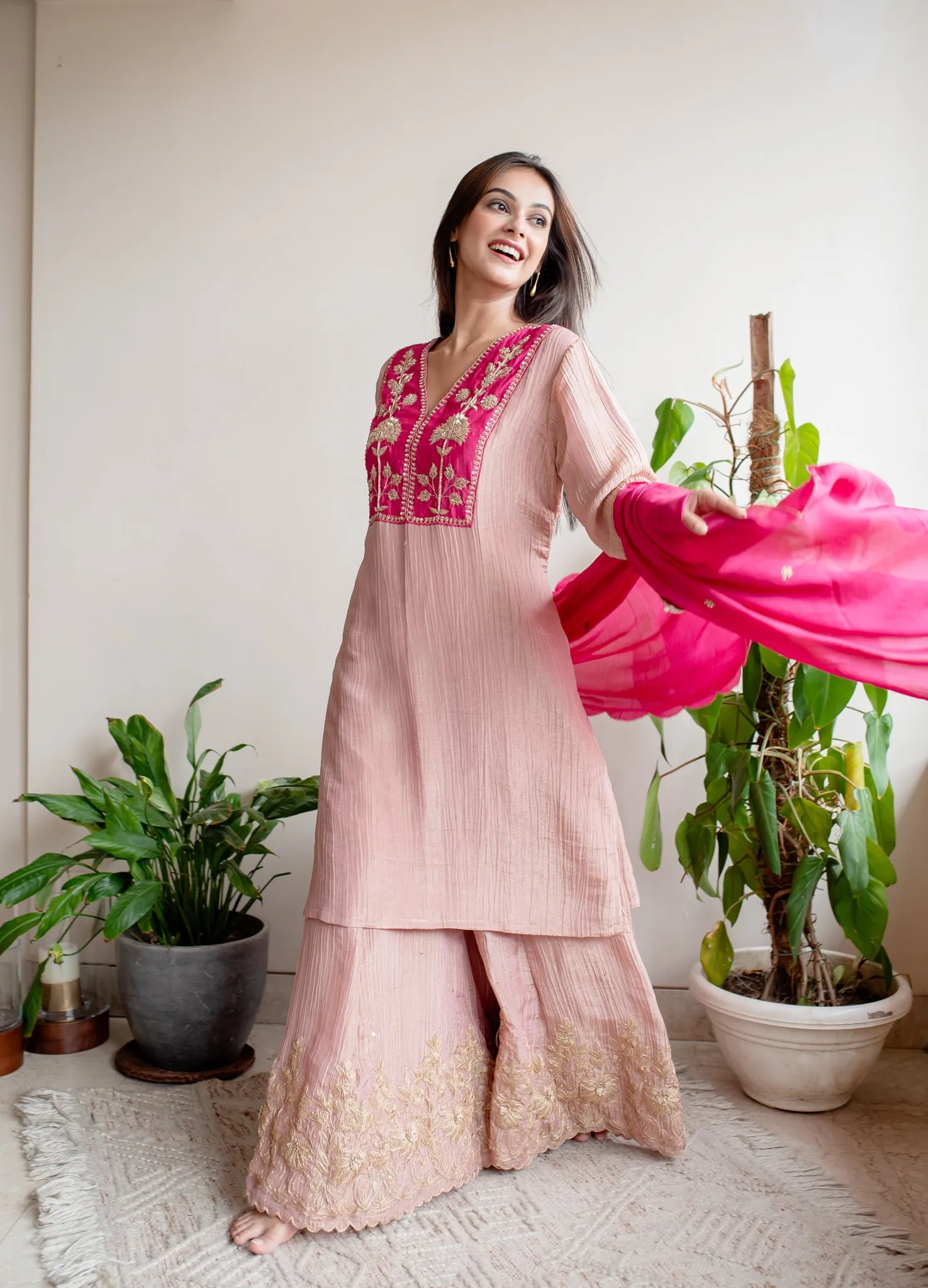 Dull Pink Crush Tissue With Zardosi Embroidery Sharara Set