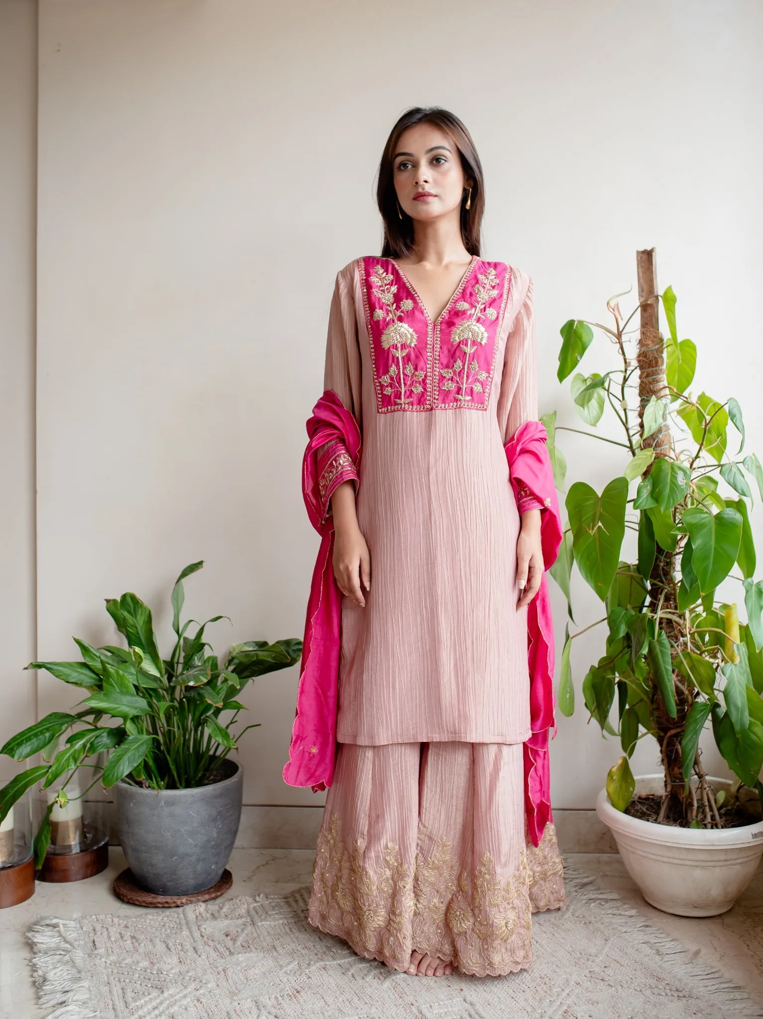 Dull Pink Crush Tissue With Zardosi Embroidery Sharara Set