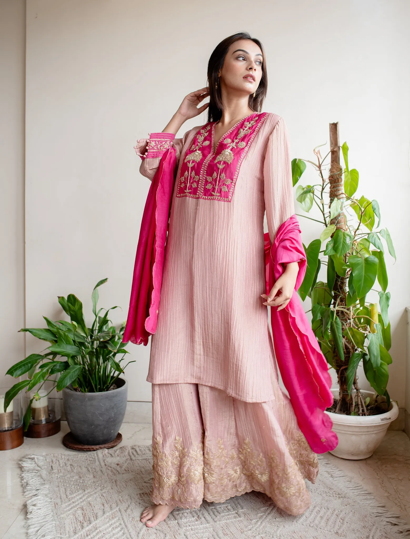 Dull Pink Crush Tissue With Zardosi Embroidery Sharara Set