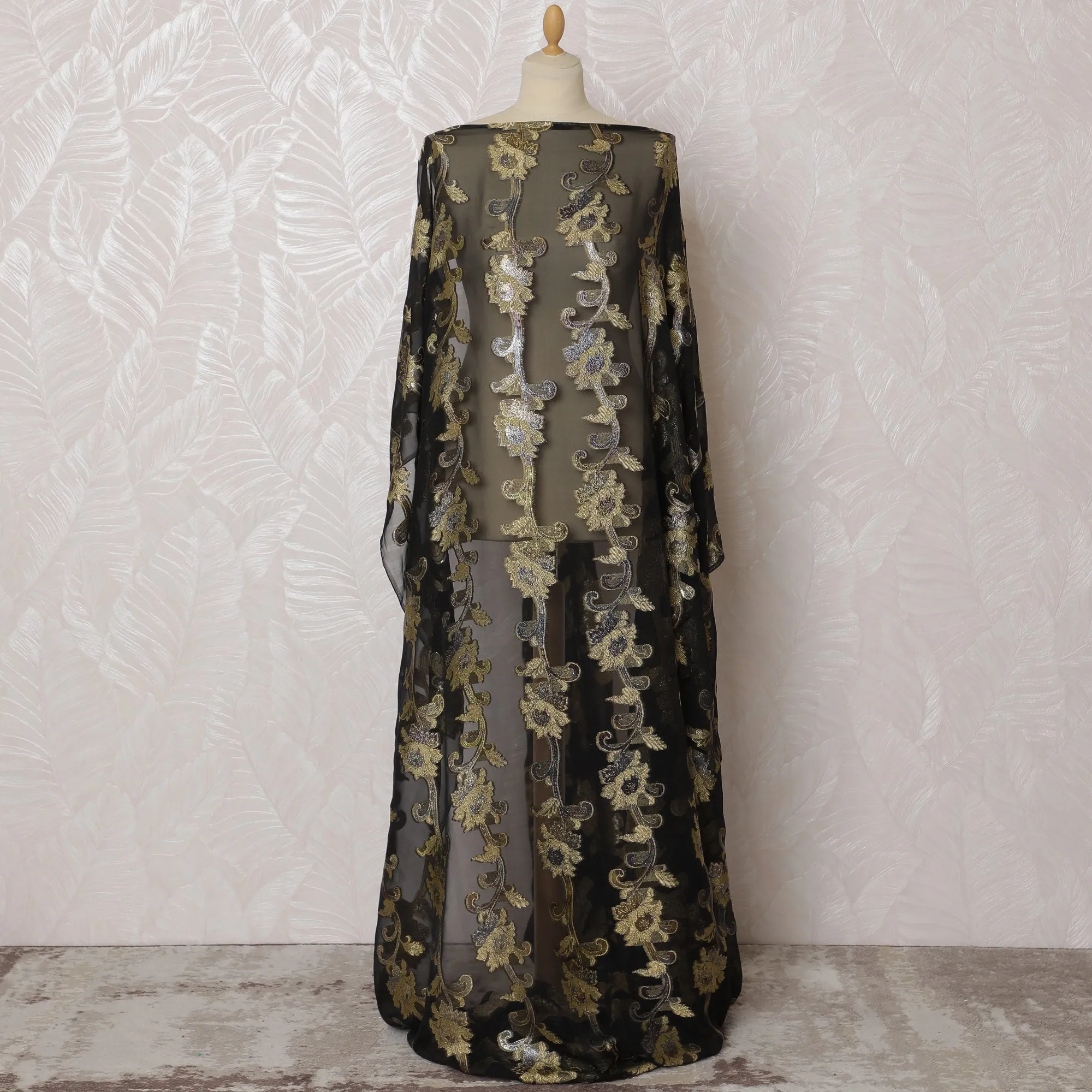 Elegant Black and Gold Floral Pattern Pure French Silk (Fransawi Dirac) Chiffon Fabric – 140 cm Wide X 3.5 Mtrs-D19846