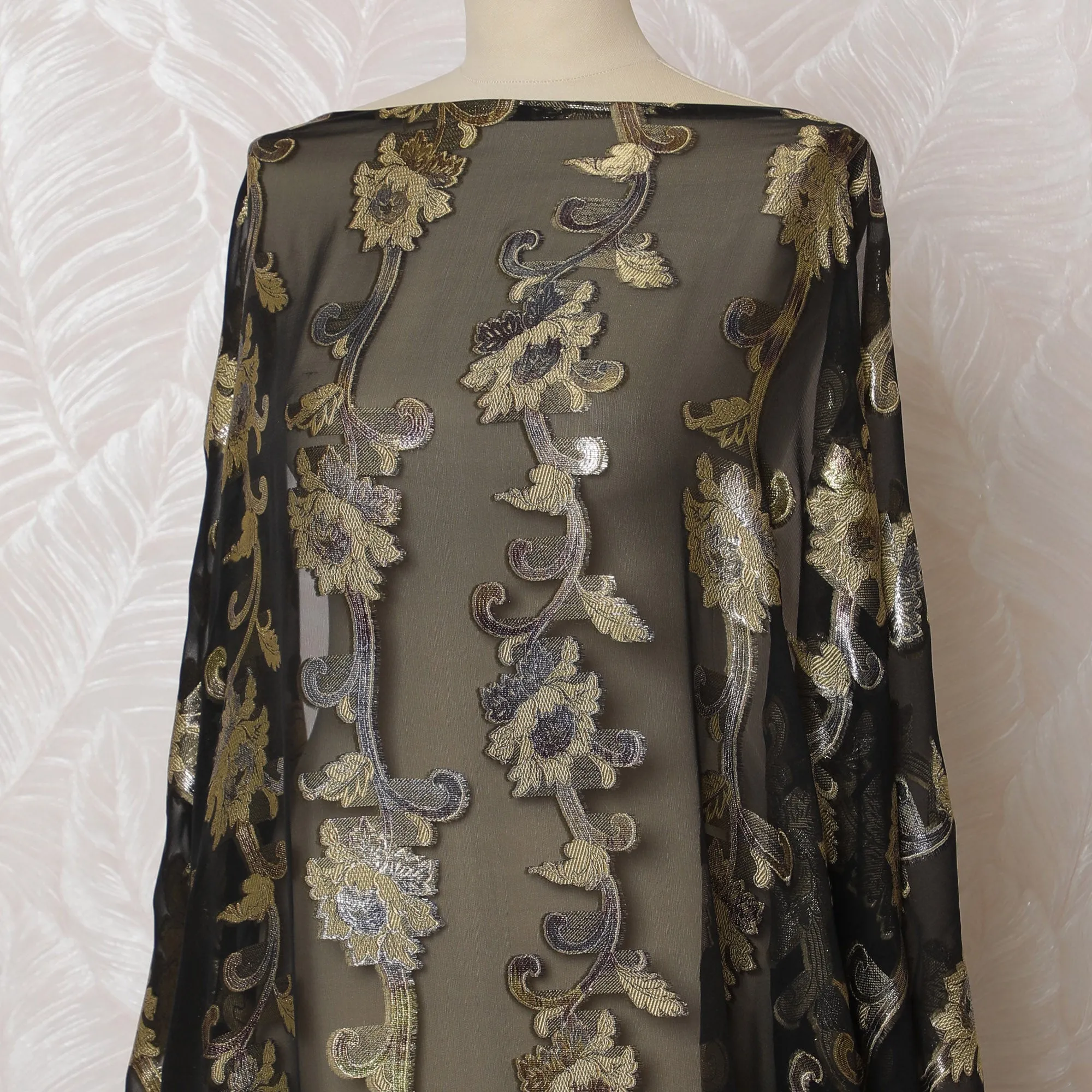 Elegant Black and Gold Floral Pattern Pure French Silk (Fransawi Dirac) Chiffon Fabric – 140 cm Wide X 3.5 Mtrs-D19846