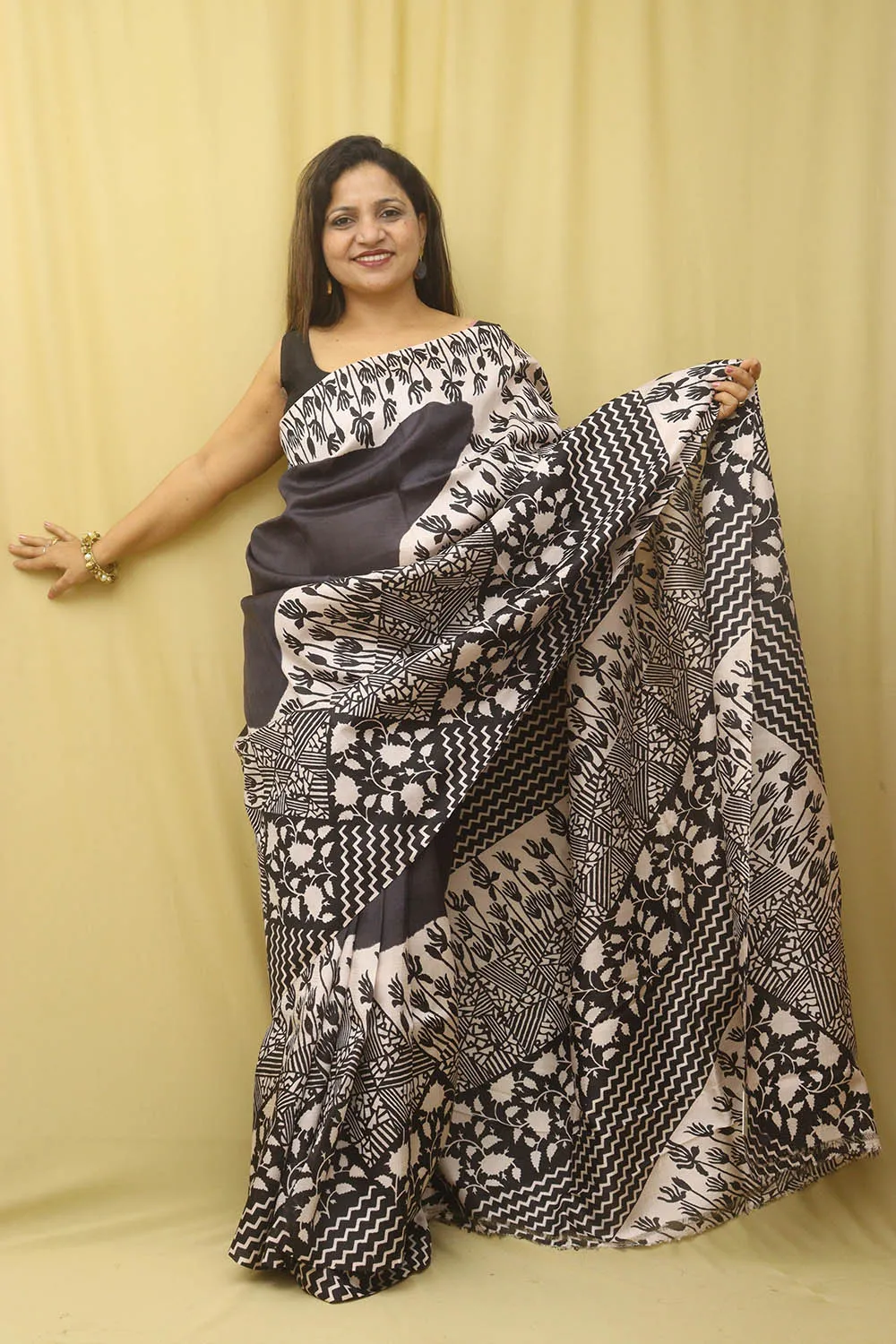 Elegant Black Block Printed Bishnupuri Silk Saree