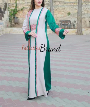 Elegant Green and Off White Dress and Abaya Set with Palestinian Embroidery and Satin Details