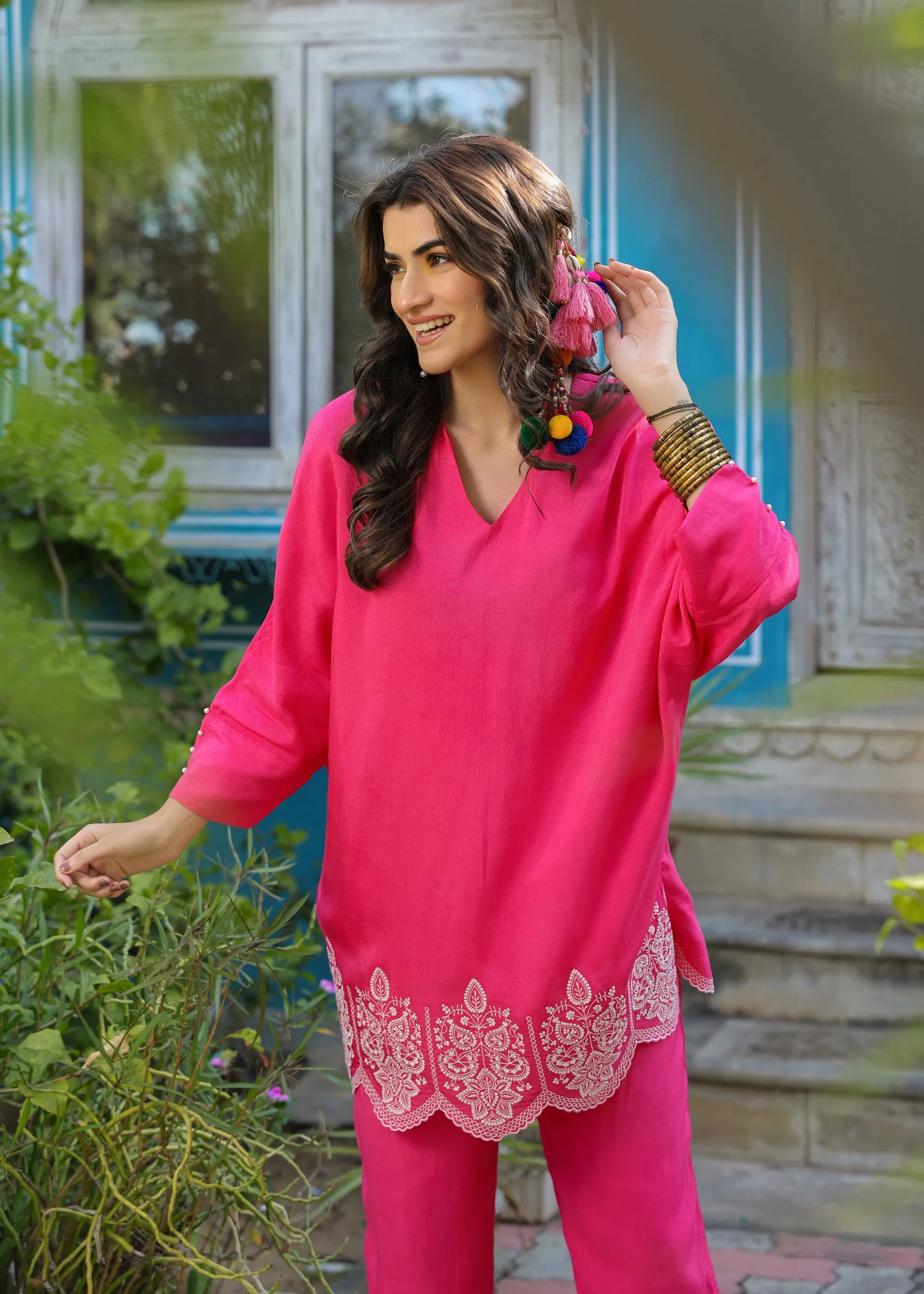 Ella Viscose Pink Embroidered Coord Set