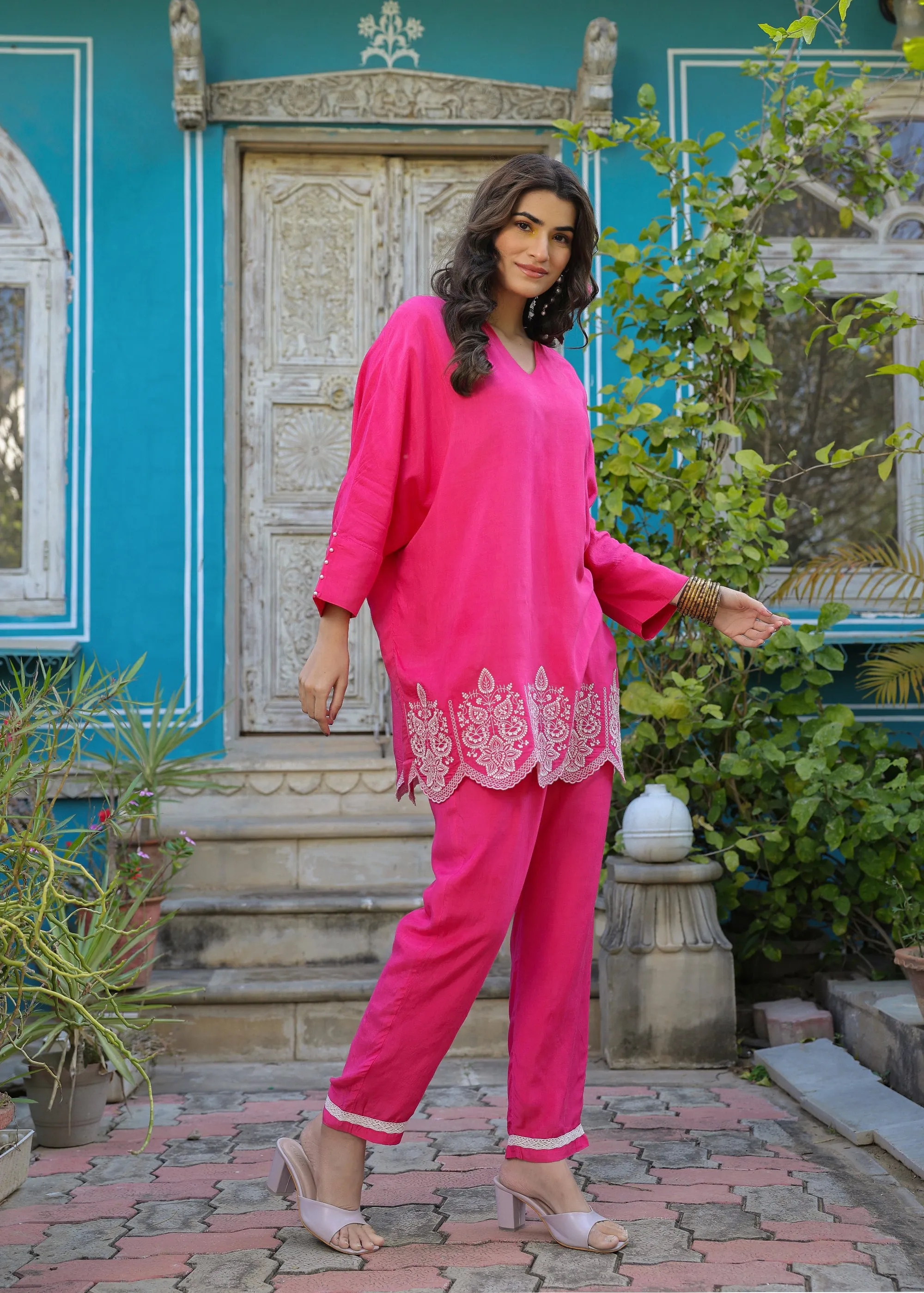 Ella Viscose Pink Embroidered Coord Set